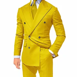 2023 Jaune Double boutonnage Slim Fit Set Polo populaire personnalisé deux pièces de mariage marié smoking hommes veste avec pantalon m2Jo #