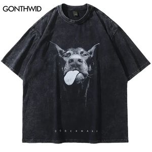 2023 Hommes Streetwear Hip Hop T-shirt surdimensionné Funny Doberman Dog Graphic TShirt Vintage Washed Black Tshirt Harajuku Tee Cotton 240315