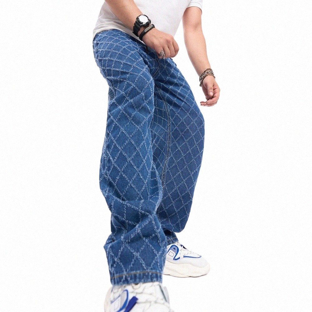 2023男性スタイリッシュな格子縞のゆるいストレートジーンズのズボン男性高品質のカジュアルデニムパンツW1DV＃