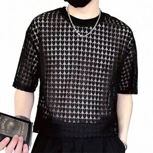 2023 Hommes T-shirt Maille Transparent Solide O-Cou Manches Courtes Hommes Vêtements Lâche Party Streetwear Fi Tee Tops INCERUN S-5XL g4KW #