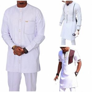 2023 Hommes Blanc Off Diki Lg Manches 2 Pièces Ensemble Traditionnel Tenue Afrique Vêtements Blanc Costume Homme Chemise Pantalon Costumes 49Jf #