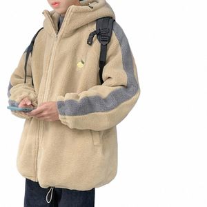 2023 Hommes Hiver Sherpa Veste Ctrast Couleur Patchwork Manteau Fuzzy À Capuchon Épais Chaud Lâche Polaire Streetwear Harajuku Parkas 91cP #