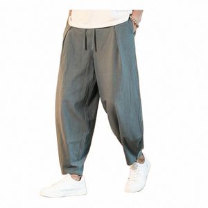 2023 Pantalons de style chinois masculin Men de nouveau-nage en lin de couleur solide respirant.