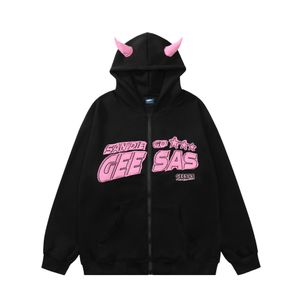 Sweat-shirt à capuche avec fermeture éclair pour homme, imprimé corne de démon, Y2K, Hip Hop, rose, mignon, Streetwear, pull Harajuku, 2023