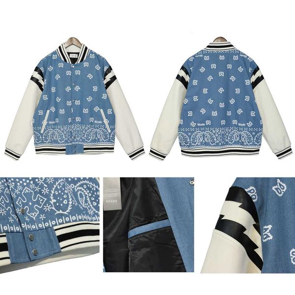 2023 Sudaderas con capucha para hombre Rhude Sudadera con capucha Carta Flor de anacardo Allover Impresión suelta High Street American Fashion Denim Chaqueta Abrigo Manga de cuero Camisa de béisbol