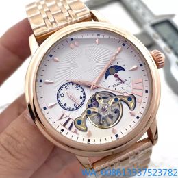 2023 Relojes calientes para hombre Tourbillon Cinco puntadas Reloj mecánico automático de alta calidad Europea Top marca de lujo Fase lunar Correa de acero Moda Montre de Luxe Regalo