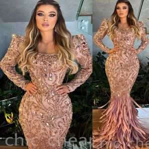 2023 Zeemeermin Avondjurken Lange Mouwen Kristallen Kralen Veer Designer Ruches Custom Made Formele Ocn Wear Arabische Prom Gown vestidos 401 401