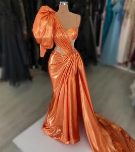 2023 Mermaid Oranje Afstuderen Jurk Spaghetti Satijn Hoge Split Homecoming Party Formele Cocktail Prom Jassen Jurken ZJ409