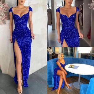 2023 sirène robes de bal sexy bleu royal arabe paillettes dentelle paillettes perlées soirée manches manches formelles robes de soirée côté fendu grande taille