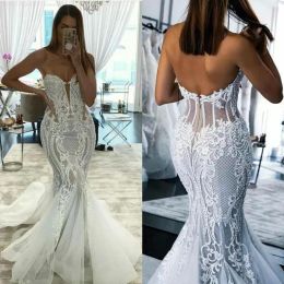 2023 Robes de mariée sirène robe de mariée dentelle applique perlée balayage train chérie décolleté corset dos sur mesure robes de novia plus taille