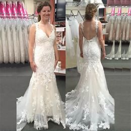 2023 robes de mariée sirène robe de mariée bretelles spaghetti dos nu dentelle appliques tulle sur mesure balayage train chapelle pays vestido de novia