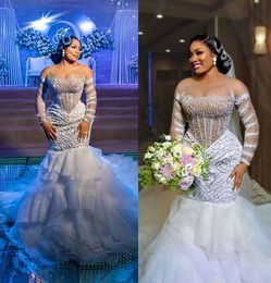 2023 robes de mariée sirène robe de mariée manches longues paillettes perlées volants bijou cou sur mesure plage pays plus la taille vestido de novia