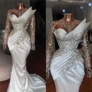 2023 Robes de mariée sirène robe de mariée manches longues Ceystals perlé bijou cou volants balayage train tulle sur mesure pays plus taille vestido de novia