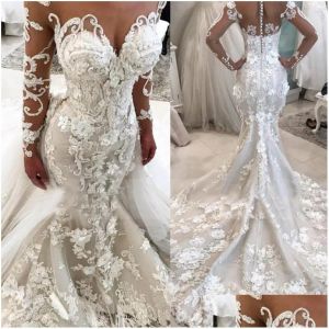 2024 Mermaid Lace Wedding Dress with 3D Floral Appliques, Long Sleeves, Custom-Made, Beach Sweep Train, Country Plus Size