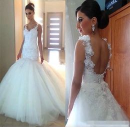 2023 Zeemeermin Trouwjurken Kant Appliqué Pailletten Bloemen Backless Bandjes Sweep Train Tulle Custom Made Trouwjurk vestido de novia