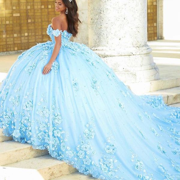 2024 robes de Quinceanera bleu ciel mexicain avec des appliques florales 3D robes XV Anos doux 16 robe de soirée