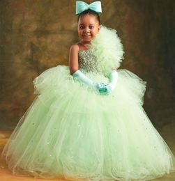2023 Mint Crystals Dresses Ball Jurk Tule kralen Flower Vintage Little Girl Peateant Birthday Doop jurken ZJ419 0523