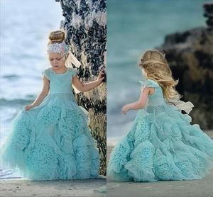 2023 Mint Green Flower Girl -jurken Speciale gelegenheid voor bruiloften Ruffled Kids Pageant Jurken Flowers Floor Lengte Lace Party Communie Jurk