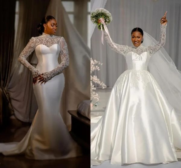 2023 robes de mariée sirène africaine moderne avec train détachable jupe gonflée col haut robes de mariée royales Vestido De Novia