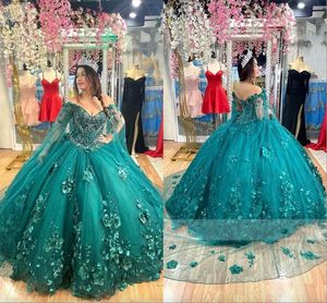 2023 Moderne Smaragdgroene Quinceanera Jurken met Cape Bloemen 3D Bloemen Applique Kralen Gala Pageant Afstuderen Sweet 16 Jurk Meisjes