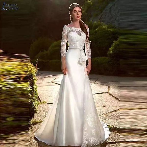 2023 Vestidos de novia modestos de sirena con apliques de encaje Vestidos de novia transparentes Ilusión Volver Satén suave Scoop robe de mariee Corpiño Vestidos de novia Vestidos de novia vintage