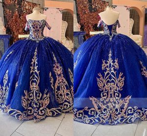2023 bescheiden Quinceanera -jurken Royal Blue en Gold Powlins Appliques Ball Jurken Off the Shoulder Pageant Prom Sweet 16 Jurk Corset Top