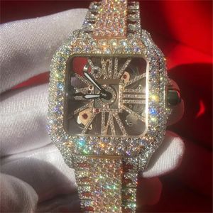 2023 Moissanite horloge Roségoud gemengd Sier Skeleton Diamonds vierkant horloge PASS TT Quartz uurwerk Topluxe Iced Out Sapphire Horloge met doos