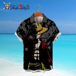 2023 Monkey D Luffy Blouse Summer Men's Shirts Tops Outzee One Piece Blouses Beach Social Shirt Anime Elegante man Korte mouw