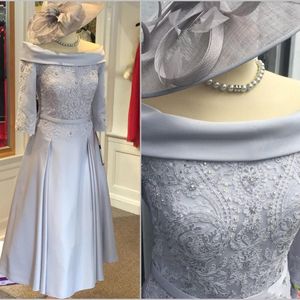 2023 mère de la mariée robes pour mariage argent hors épaule dentelle appliques cristal perles satin soirée robes de soirée mère mariage invité marié robe thé longueur