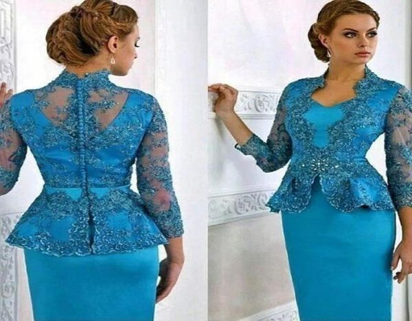 2023 Vestidos para la madre de la novia Cuentas de encaje modestas con mangas largas Cuello en V Vestidos de noche Peplum Longitud del té Satén Boda G7477021