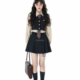 2023 n style coréen kaki lg chemise à manches gilet jupe courte plissée trois pièces uniforme ensemble vintage jk costume automne s790 38Zv #