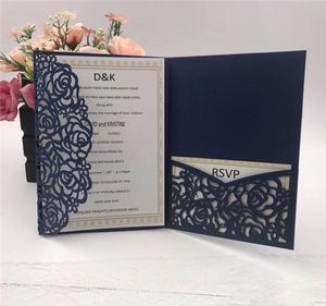 2023 Navy Blue Laser Cut Pocket Wedding uitnodigingen Suites aanpasbare uitnodigingen met envelop bruiloft accessoire blanco innerlijke gewoonte5999928