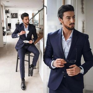 2023 Navy Blue Mens Suits Groom Tuxedos Groomsmen Wedding Party Dinner Men Nieuwste ontwerpen Beste man Pakken 2 PC Jacket Pants