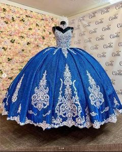 2023 Navy Blue Quinceanera Dresses Lace Applique Spaghetti Braps Chapel Train Corset Back Sweet 16 Verjaardagsfeest Prom Ball Formele avondvestidos