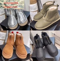 2023 Neumel Platform Zip 1ugglie-02 Laarzen Klassieke Mini Enkel Sneeuwlaarzen Schapenvacht Shearling Pluche Pluizige Dealworld Vrouwen Australië Tazz Tasman Winter Booties Schoenen