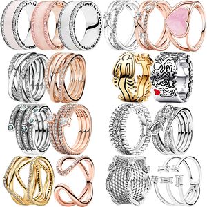 2023 Nieuwe 925 Sterling Silver Rose Gold, glinsterende CZ Polishing Wiring Wide Ring, mevrouw Pandora's sieraden mode -accessoires kunnen worden gebruikt als geschenken