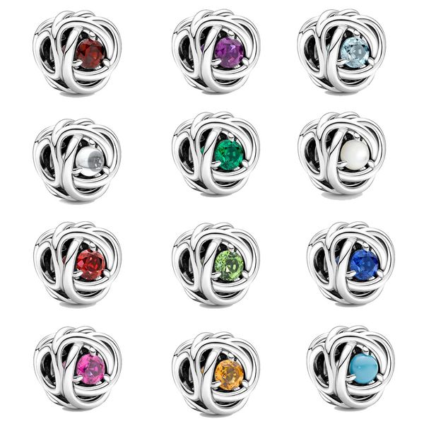 2023 Nouveau 925 Sterling SilverWrapped Anniversaire Pierre Douze Couleur Anniversaire Pierre Perles Simple Charme Perles Fit Original Pandora Bracelet Femmes Bijoux Cadeau DIY