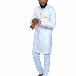2023 Nouvelle Afrique Vêtements pour hommes Blanc Patchwork Chemise et pantalon décorés Costume 2 pièces Mariage Kaftan Costumes de luxe pour hommes i6OV #
