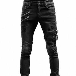 2023 Nouveauté Hommes Jeans Streetwear Biker Ripped Slim Denim Pantalon Homme Casual Fi Style Stretch Crayon Pantalon Noir Bleu D4Rn #