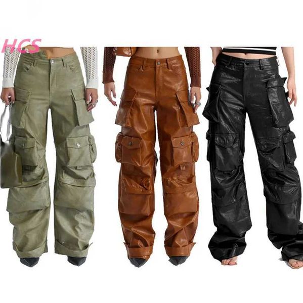 Pantalones Cargo multibolsillos combinables para mujer, ropa de otoño, moda holgada de cuero Pu, novedad de 2023