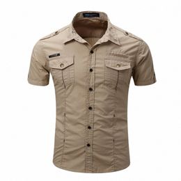 2023 Nouvelle arrivée hommes chemise cargo hommes chemise décontractée solide à manches courtes chemises en coton chemise de travail multi-poches, plus la taille XXXL g5u6 #