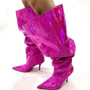 2023 Nieuwe Herfst Mode Vrouwen Hoge Laars Puntschoen Grote Lakleer Hoge Hak Laser Laarzen Big Size Over de Knie hoge Laarzen