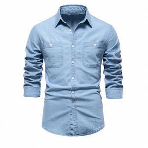 2023 Nieuwe Herfst Mannen Denim Shirt Cott Elastische Casual Sociale Ontwerp Dubbele Zakken Slanke Jeans Shirts Voor Mannen T5dC #