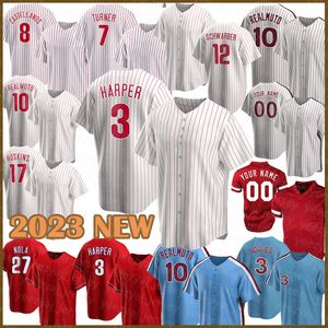 2023 Nouveau maillot de baseball 3Bryce 7 Trea Turner 16 Brandon Marsh Harper Kyle Schwarber Zack Wheeler Nick Castellanos Ranger Suarez Maillots de baseball
