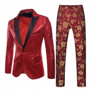 2023 Nouveau costume à paillettes bleues deux pièces pour hommes fête de mariage Dr veste avec pantalon rouge violet Sier or Blazers manteau pantalon Q04l #