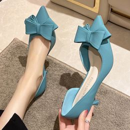 2023 nouveau Bowknit talons fins pompes femmes bleu élégant sans lacet chaussures de fête femme été bout pointu couleur unie talons hauts chaussures