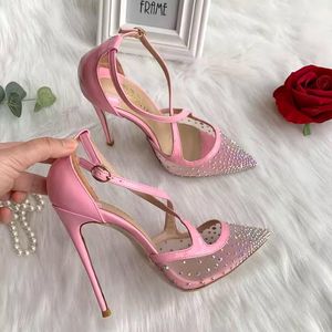 2023 nueva marca de diamantes de imitación zapatos de suela roja Sexy rosa patente con malla de piedra de cristal gasa correas de tobillo cruzadas chica señora mujer 12cm zapatos de verano de tacón alto sandalia inferior roja