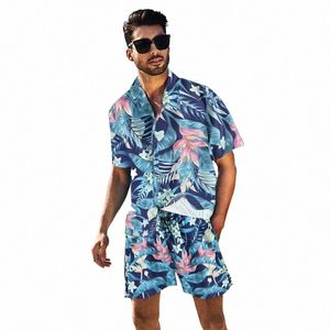 2023 Nuevo traje de manga corta casual Hawaii Beach Vacati Languid Tendencia suelta Guapo vistiendo camisa floral de buena calidad XL-XXXL Z49L #