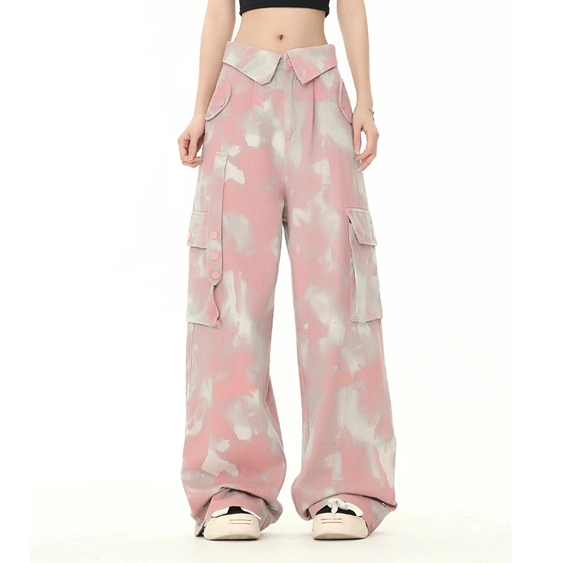 2023 Nowe swobodne letnie spodnie damskie Amerykańskie luźne gorąca dziewczyna Kobiet kieszanki Asymetria plisowana różowe spodnie dresowe spodnie