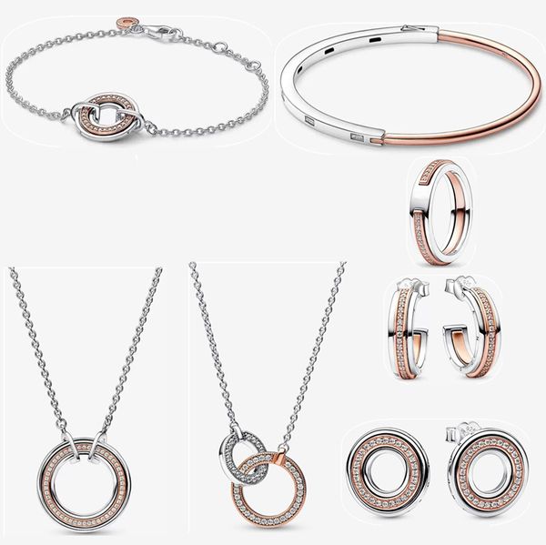 2023 Nuovo braccialetto di design con ciondolo Anello in oro rosa Collana di diamanti per le donne Fai da te fit Pandoras Firma Orecchini con logo bicolore Regalo di gioielli di moda con scatola